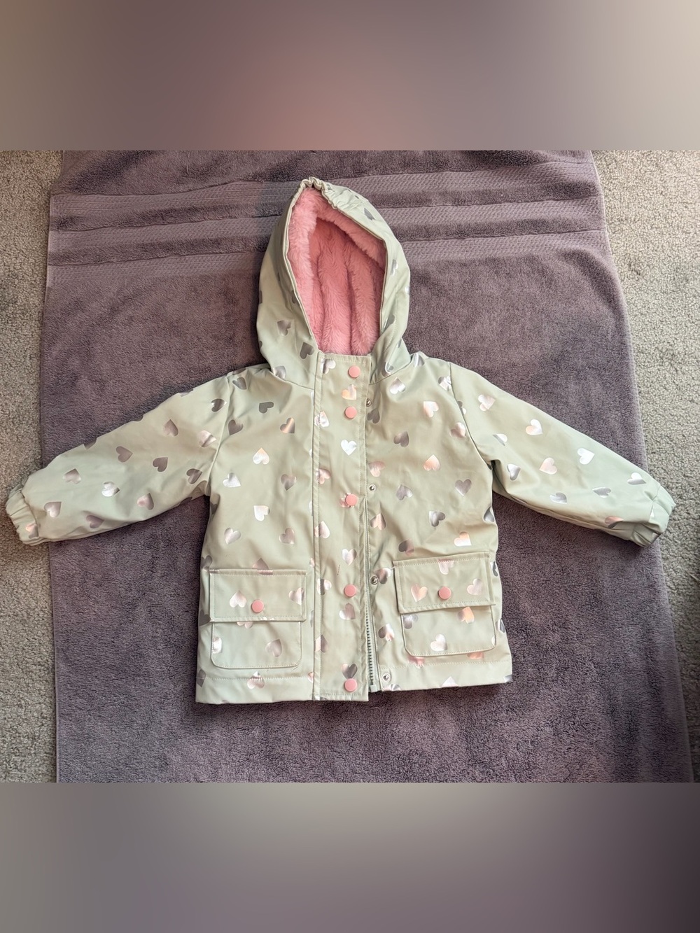 Girls' Mint Green Heart-Print Hooded Jacket with Pink Fuzzy Lining